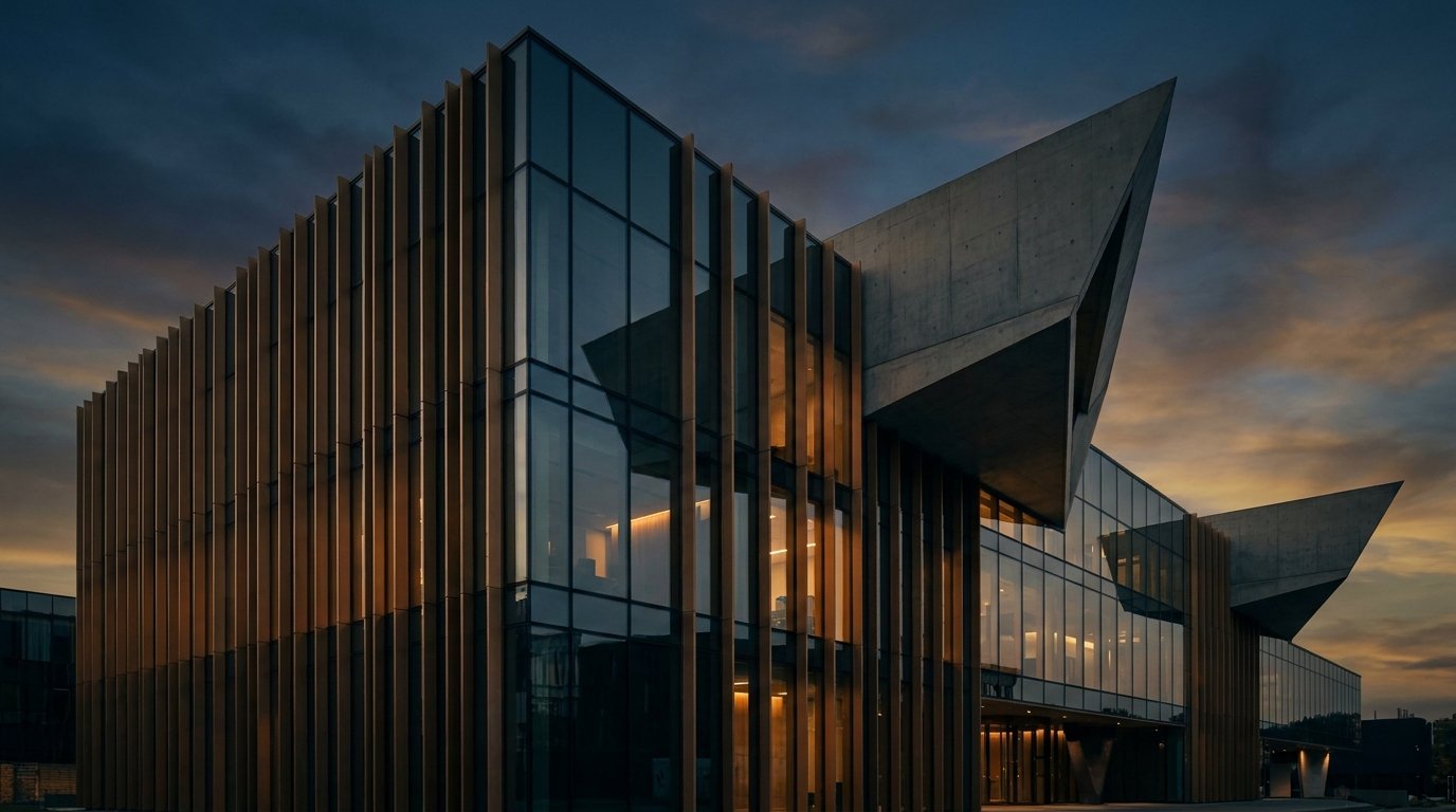 A striking contemporary building at twilight, bronze vertical fins, dark glass and sharp cantilevered concrete blades, with warm interior light glowing behind the glass