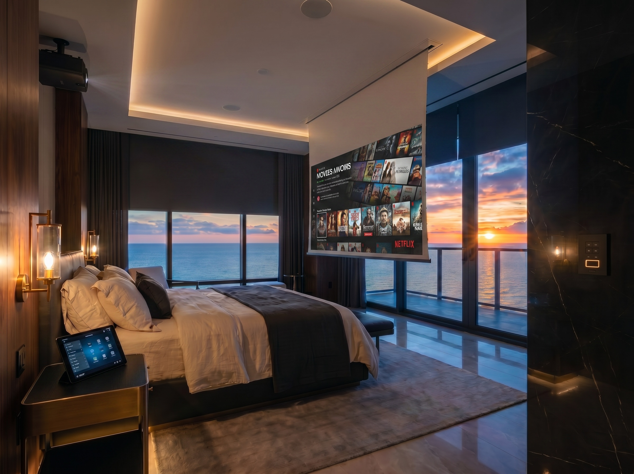 Bedroom with descending cinema screen and blackout shades