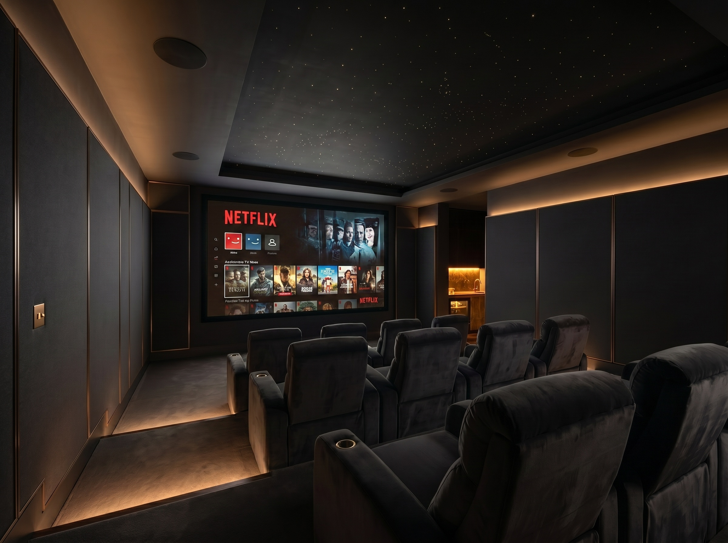 Home cinema with projector and tiered seating