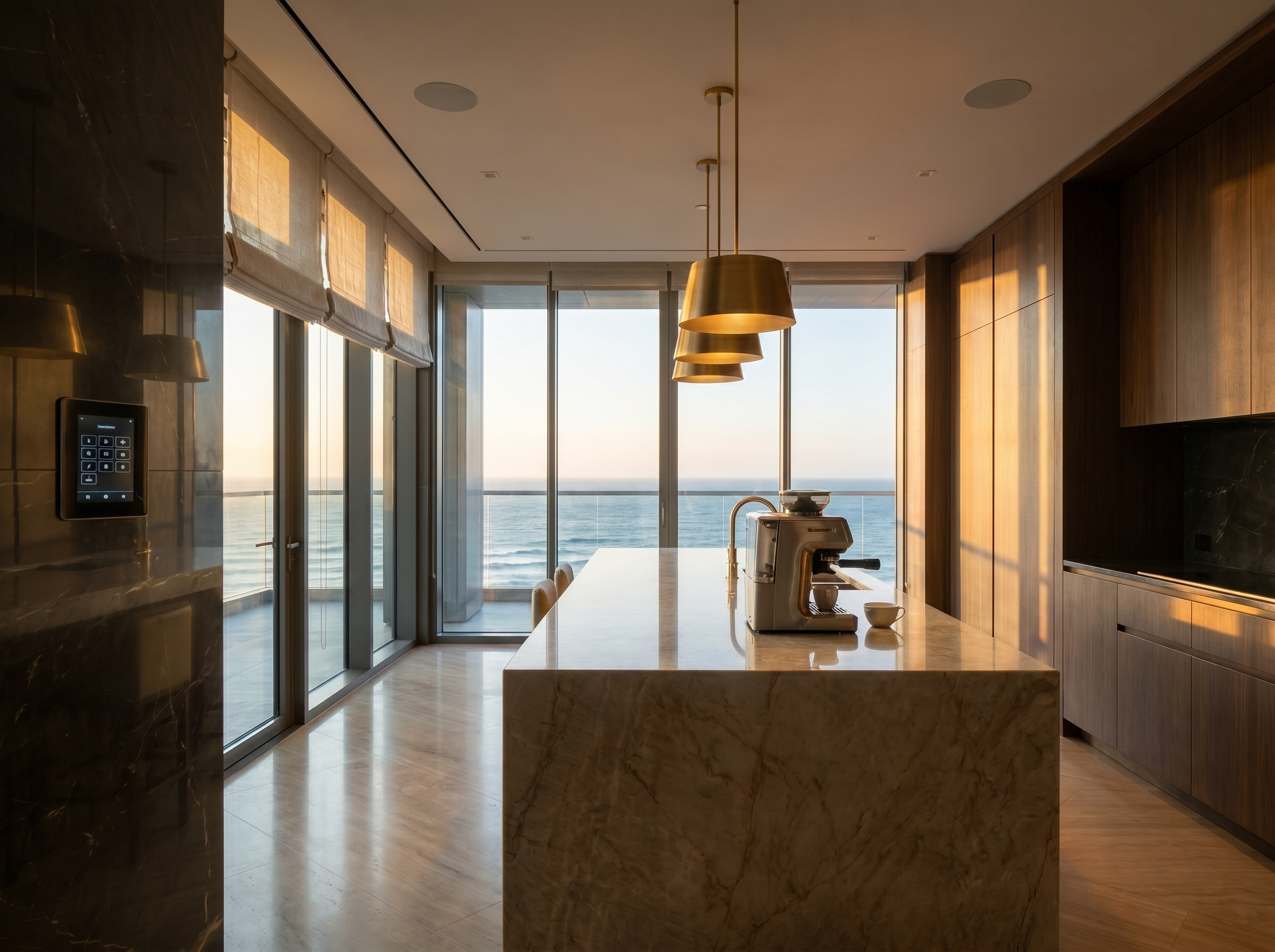 Kitchen with motorised shades and in-ceiling speakers