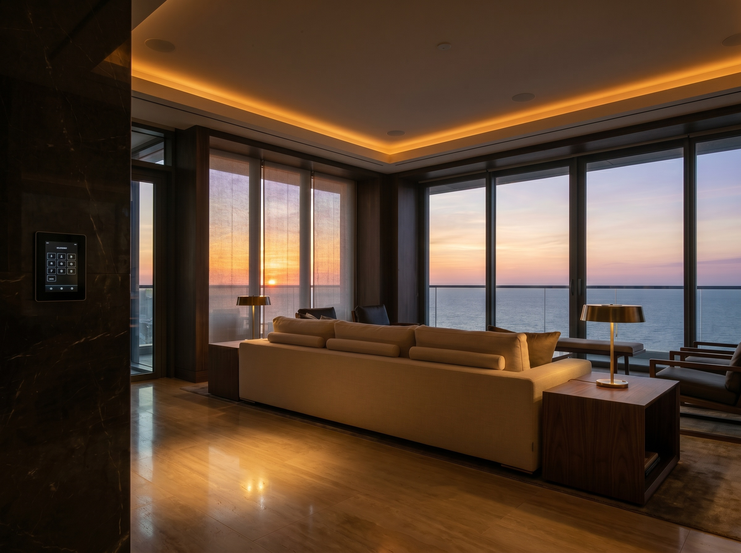 Living room with automated lighting and shades