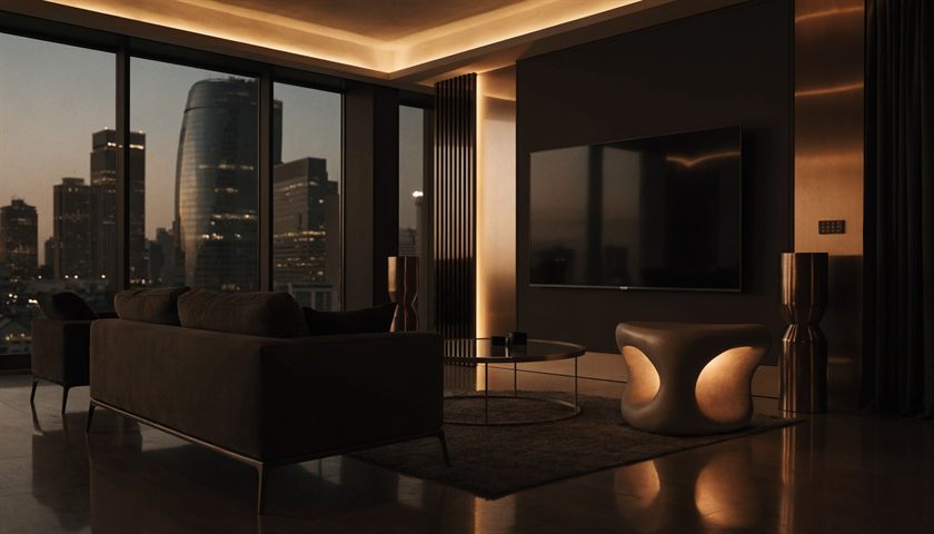 A BLG Automation smart-home lounge at dusk with a city skyline view, cove lighting and integrated audiovisual